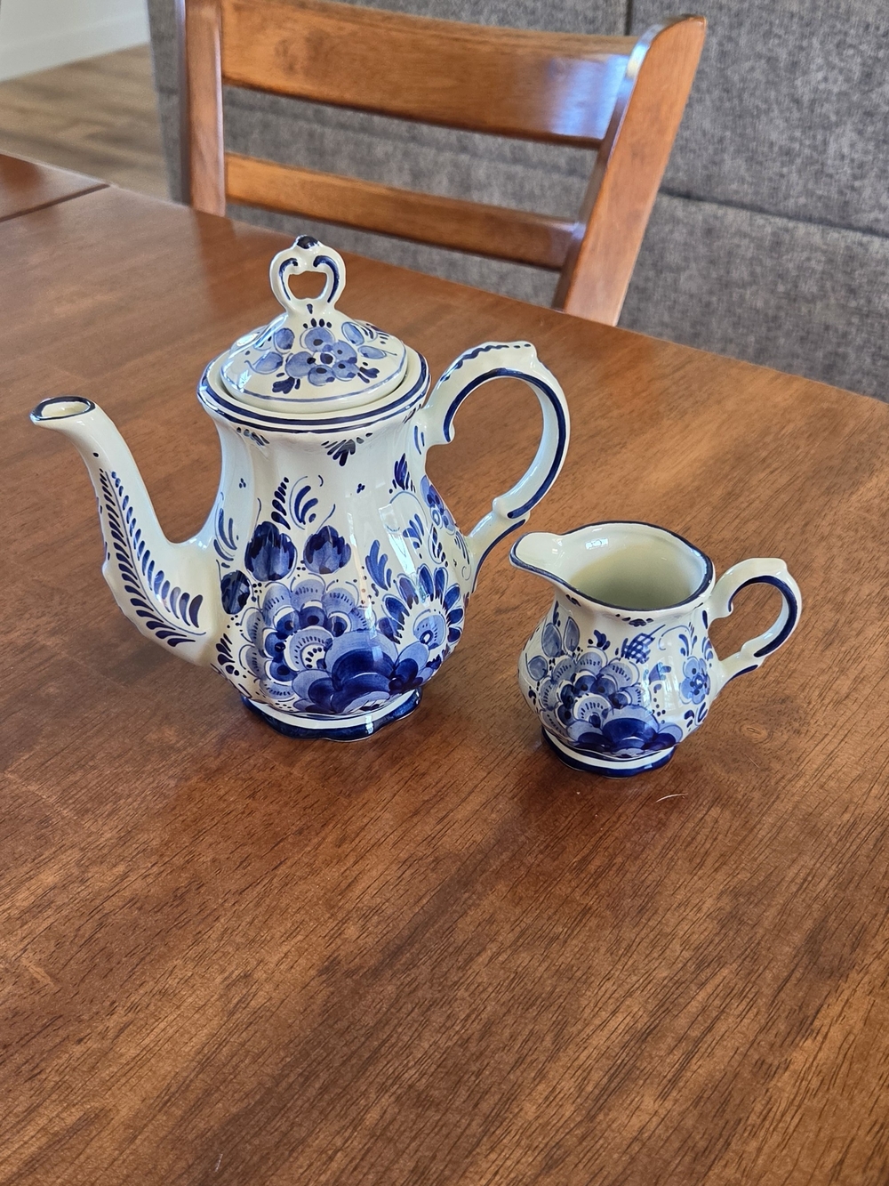 Hand-Painted Blue and White Floral Ceramic Teapot & Creamer